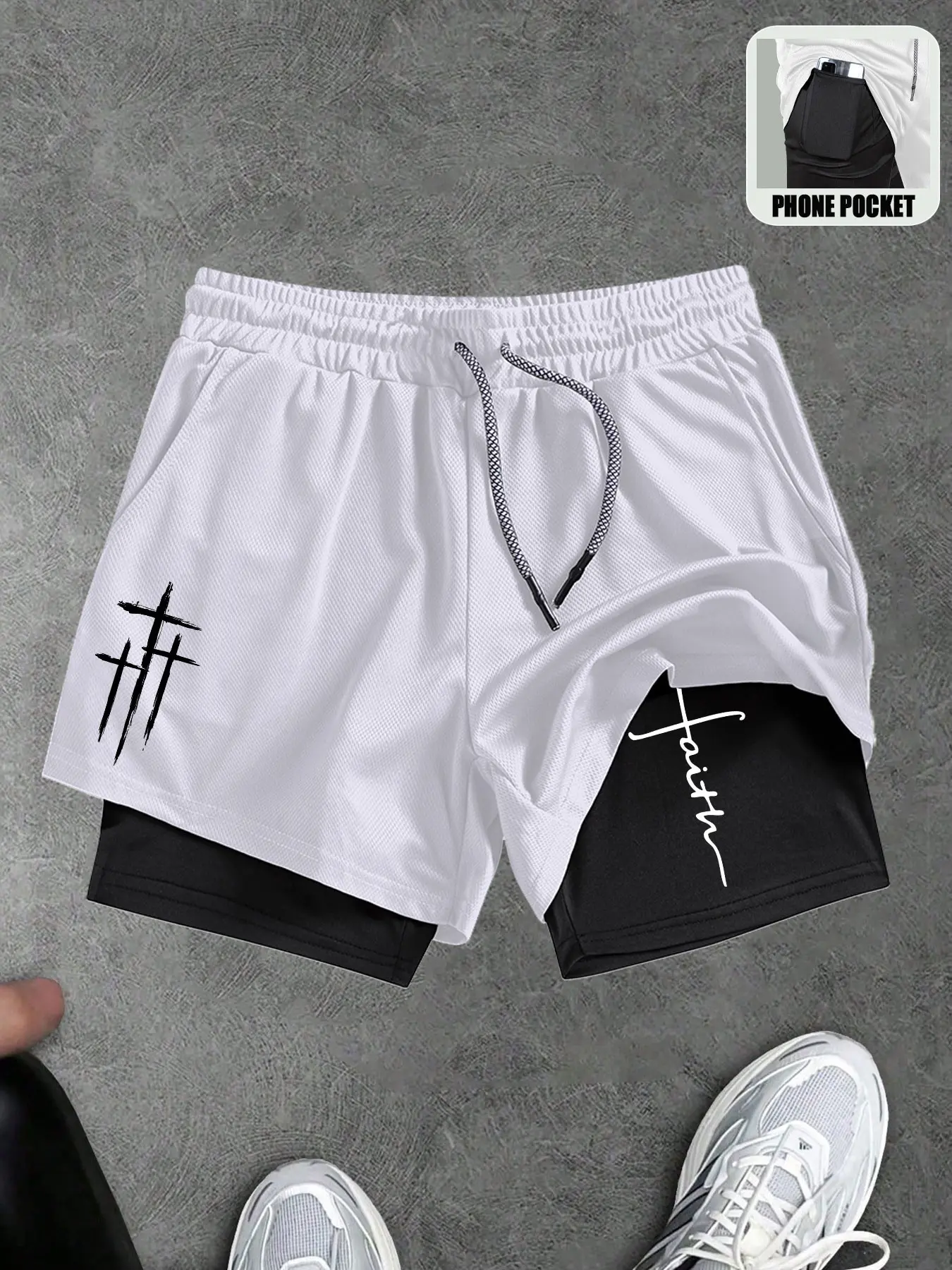 Men's Cross Graphic Print Knit Drawstring Shorts, 2 In 1 Compression Shorts, Double Layer Shorts With Pockets, Quick Dry Running Fitness Basketball Shorts, Performance Shorts, Athletic Wear Shorts