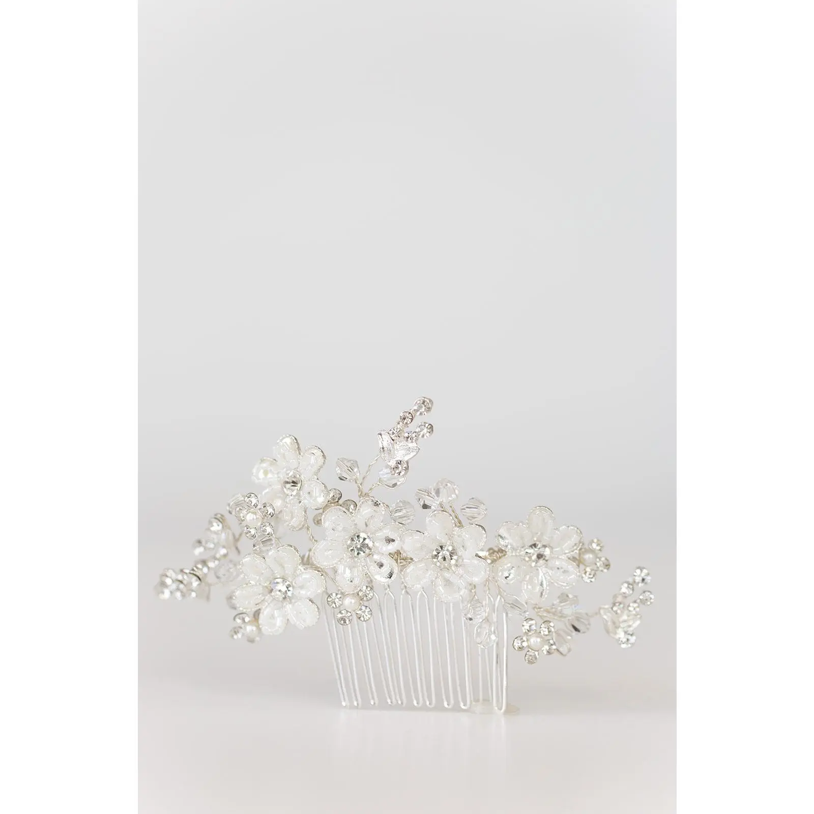 Silver Flower Hair Comb with Rhinestones & Beads