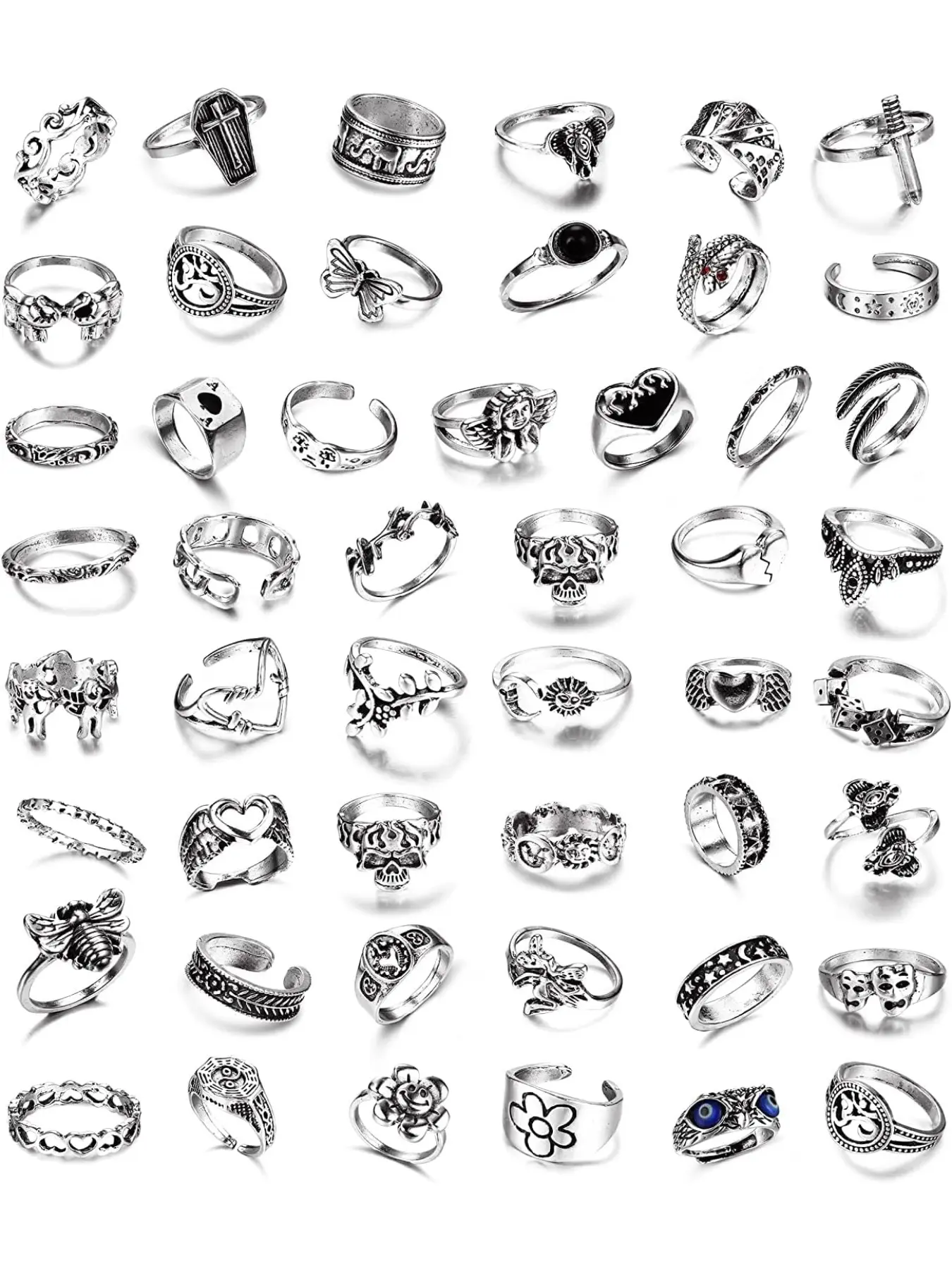 49PCS Vintage Silver Punk Dark Aesthetic Rings Knuckle Rings Set for Men Women Snake Cross Flower Chunky Rings Open Adjustable Goth Punk Hip Hop Cool Midi Stackable Finger Rings Pack
