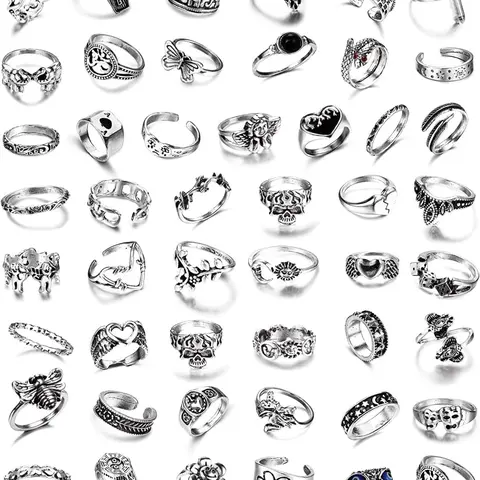 49PCS Vintage Silver Punk Rings Knuckle Rings Set for Men Women Snake Cross Flower Chunky Rings Open Adjustable Goth Dark Aesthetic Rings Punk Hip Hop Cool Midi Fashion Stackable Rings Pack