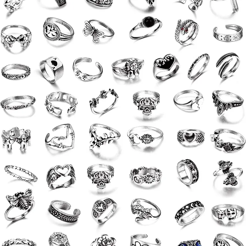 49PCS Vintage Silver Punk Rings Knuckle Rings Set for Men Women Snake Cross Flower Chunky Rings Open Adjustable Goth Dark Aesthetic Rings Punk Hip Hop Cool Midi Fashion Stackable Rings Pack