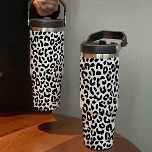 30oz Leopard Print Insulated Tumbler Cup with Straw, Cold & Hot Drinks, Stainless Steel Travel Mug, Sporty Style, Perfect Gift