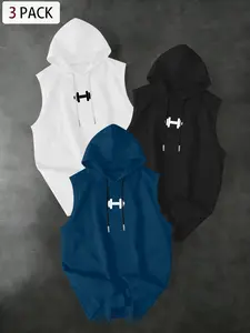 Men's 3-Piece Sports Dumbbell Fitness Print Hooded Sleeveless T-Shirt, Casual Comfortable Hoodie Vest, Summer Outdoor Gym Wear, Gym Workout Wear