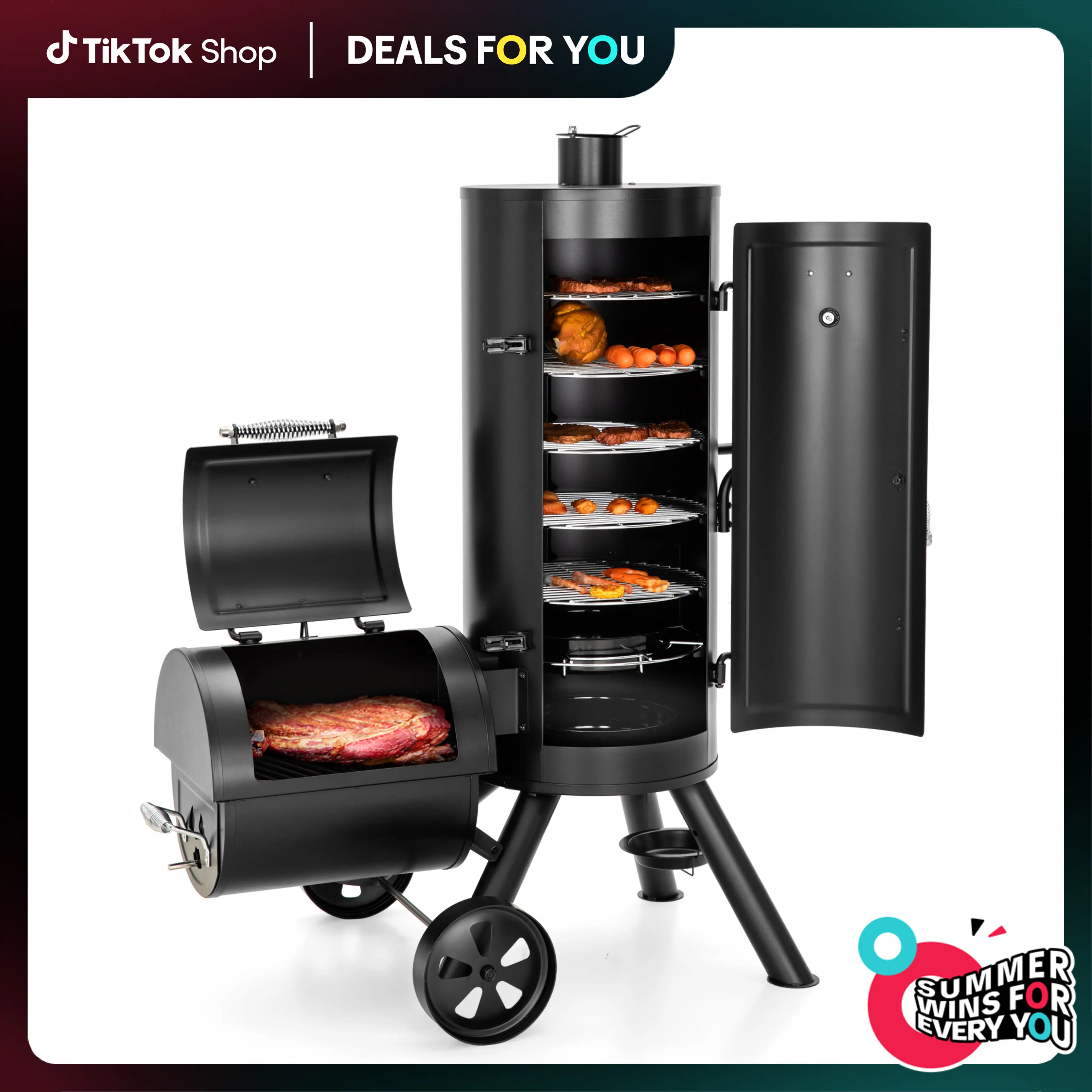 PHIVILLA Charcoal Vertical Smoker Grill and Offset Smoker Grill Combo, Extra Large Outdoor Barrel BBQ Meat Smoker with 5 Removable Smoking Grates & Built-in Hooks
