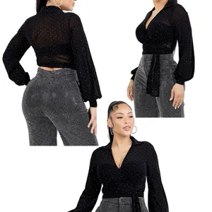 T0067-Beautiful long-sleeved mesh top with rhinestones