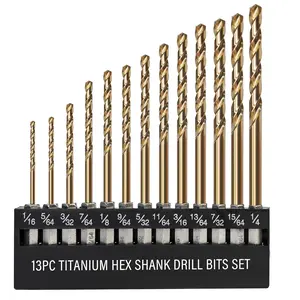 13 count Titanium Coated Hex Shank Drill Bit Set, HSS Twist Drill Bit Sets, Impact Driver Drill Bits for , Steel, Metal, Plastic, Quick Change Design (1/16-1/4)