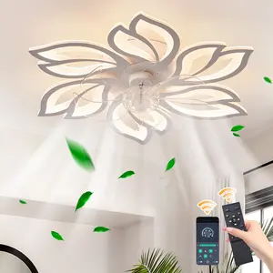 LED Ceiling Fan with Lamp 25 Inch Flower Shape Remote Control Switching Dimming 6 Wind Speed 3 Light Color Lighting Low Profile Flush Mount Modern Ceiling Fan for Kitchen Bedroom