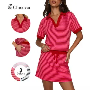 Chicovar Women's Striped 2 Piece Casual Outfit, V-Neck Top & Skort, Side Pockets, Elastic Waist, Lounge Sets for Athleisure, Comfy Outfit, Daily Casual Wear, Summervibes, Fashion