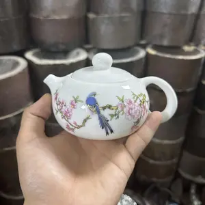 Elegant White Teapot with Blue Bird and Pink Floral Branch Design-283
