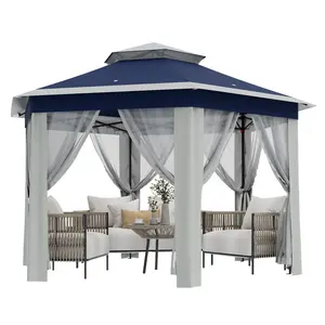 【GARVEE】6.5ft Hexagon Gazebo with Steel Frame & 6 Mesh Panels - Coffee Color Spray Coating, PA Coated Waterproof Canopy, Zipper Door for Patio Garden Camping