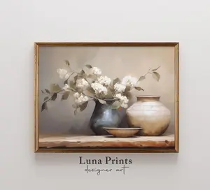 Vintage Spring Still Life Paper Art Print - White Flowers Wall Decor, Farmhouse Home Decoration Poster for Room Accent