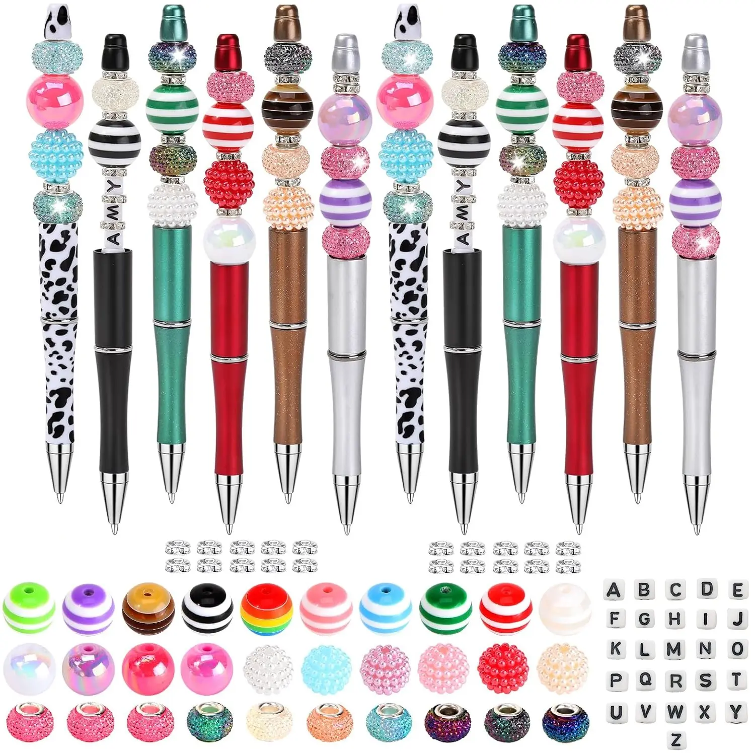 202pcs Beadable Pen Making Kit, 12pcs Beadable Pens with 104 Alphabet Beads, 36 Colorful Beads & 50 Diamond Spacers, DIY Beaded Pen Supplies, Craft Kit, Writing Pens, Aesthetic Pens, Personalized Pen, Unique Pens, Office Gifts for Women