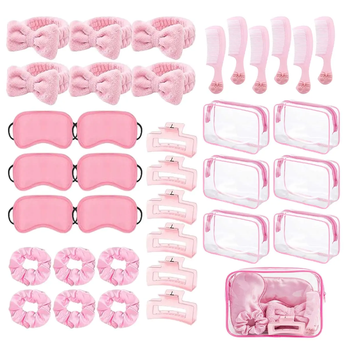 36/72pcs Party Favors,Spa Headband 6 Pink Plush Sleep Eye Mask Velvet Scrunchies 12 Wristband Clear Cosmetic Bags for Slumber Spa Baby Shower Gift Skincare Makeup Christmas, Newyear, Valentine, Events # comforting care package Mermaid DIY Set Girls supply