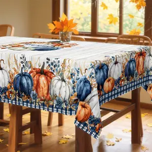 Retro Thanksgiving Tablecloth Blue Pumpkin Checkered Print Polyester Easy Clean Indoor Outdoor Farmhouse Dining Decor Ornaments Decoration Lighted Lantern Led Lantern