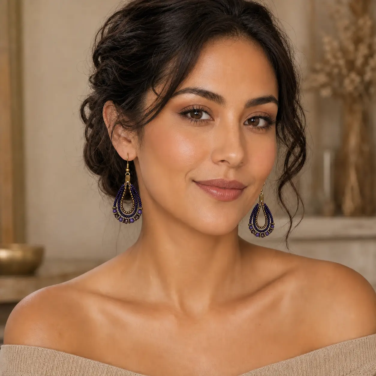purple beaded loop earrings