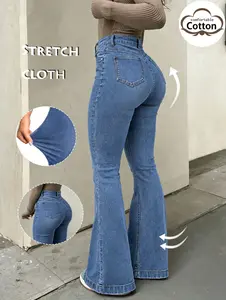 Women's High-Waist Medium Wash Stretch Cotton Butt-Lifting Slim-Fit Flare Bell Bottom Jeans, 5-Pocket Classic Womenswear Denim Pants for Everyday Streetwear