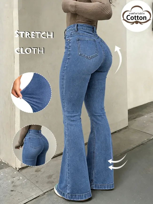 Women's High-Waist Medium Wash Stretch Cotton Butt-Lifting Slim-Fit Flare Bell Bottom Jeans, 5-Pocket Classic Womenswear Denim Pants for Everyday Streetwear