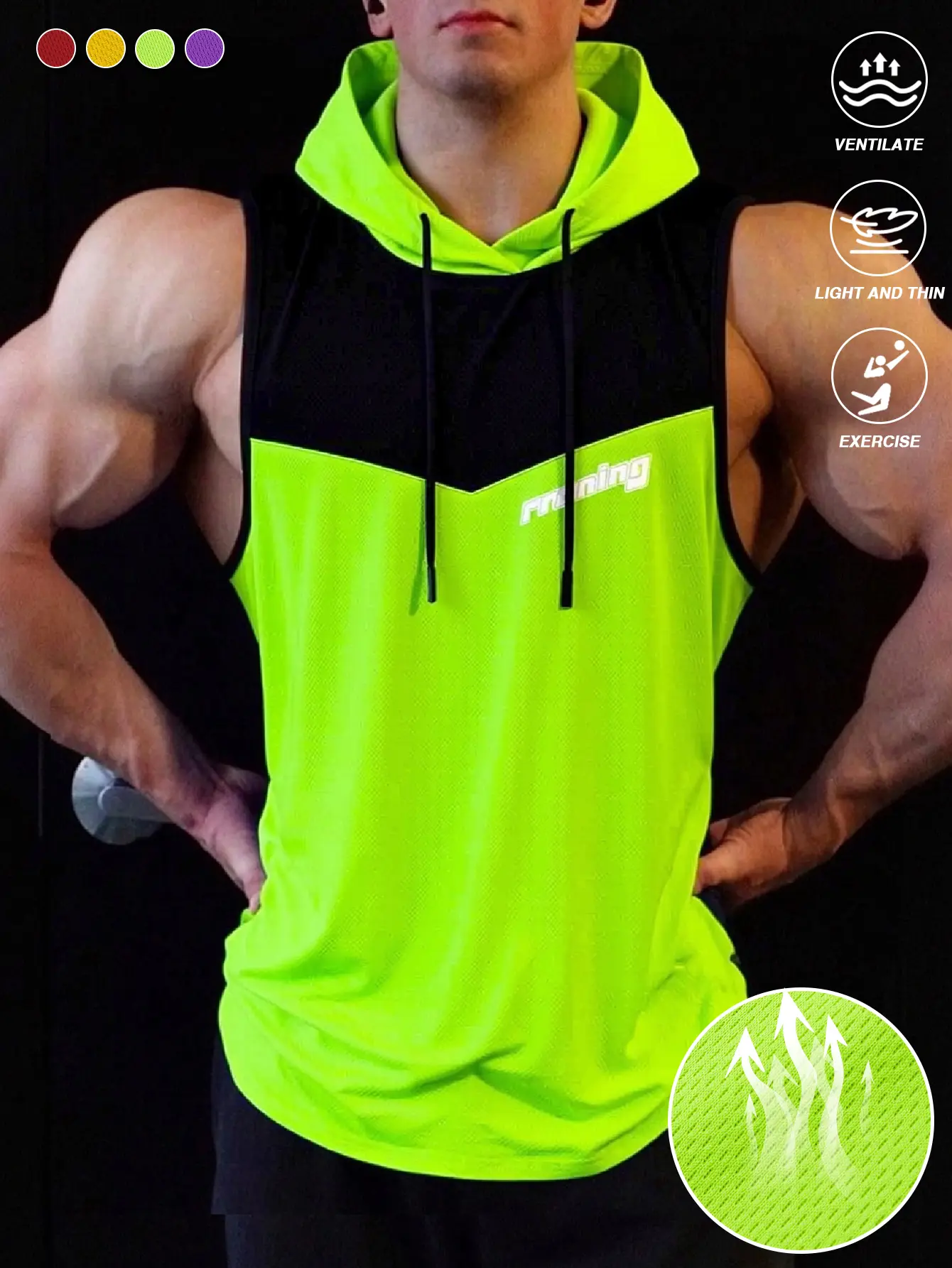 Men’s versatile sleeveless hooded sports tank top with a minimalist design—easy to wear and made from breathable mesh fabric suitable for outdoor running, indoor workouts, or urban commuting. It adapts to various styling needs.