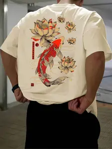 TikTok Koi Fish & Lotus Japanese Tattoo Print Soft Breathable Cotton Graphic T-Shirt, Fitted, Cozy Lounge Wear Fit for Daily Chill Home Hangouts & Casual Outings, Lucky Japanese Aesthetic Outfit with Vibrant Design, Comfortable for Relaxing at Home, Styl