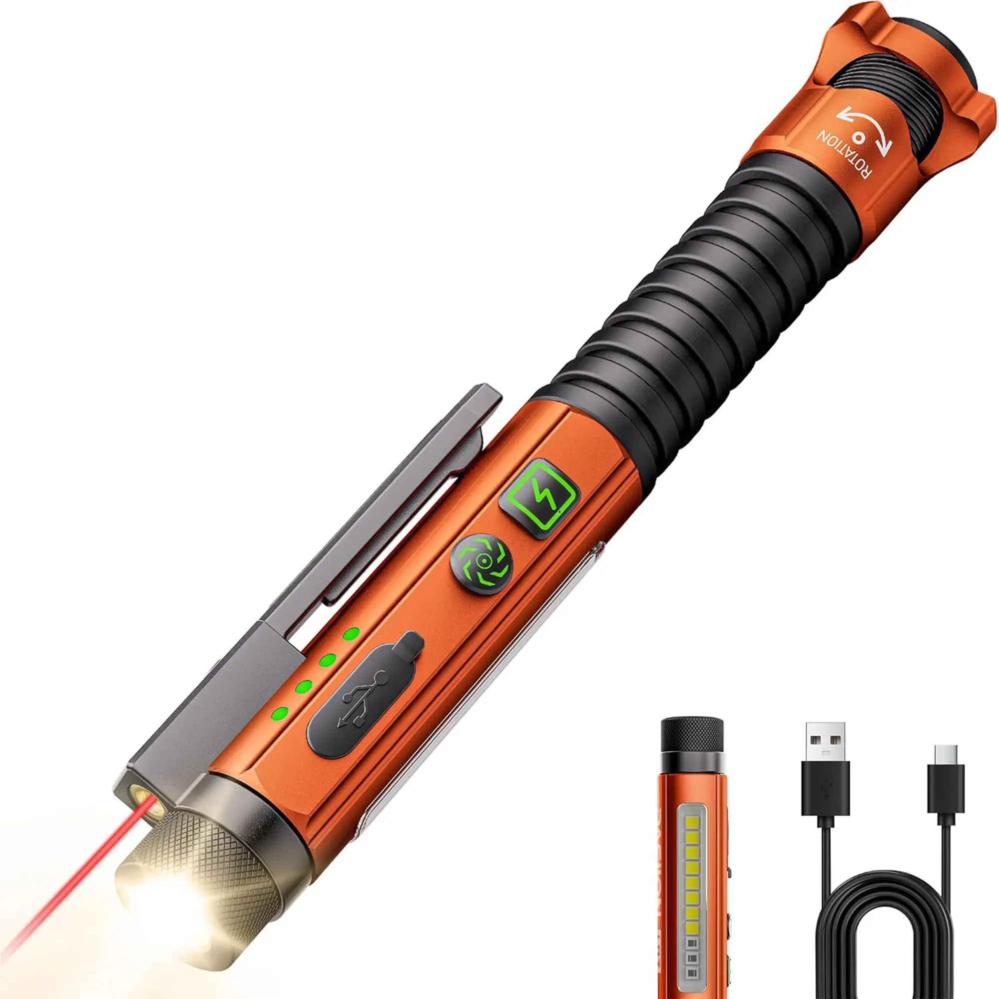 PASIION Rechargeable LED flashlight with red laser ; 10-mode tactical flashlight; USB-C charging; rechargeable penlight; UV light; comes with a pocket clip; ideal for camping, hiking, emergencies, and everyday carry