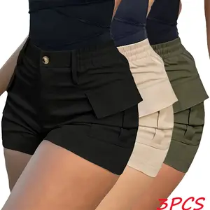 Women’s Summer Cargo Shorts 3-Piece Set — Black, Khaki, Army Green; High-Waisted Slimming Design, Multi Pockets, Stretch Casual Hot Pants