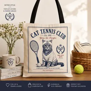 Cat Tennis Club Tote Bag | Vintage Cat Tennis Graphic stylish multi-color
