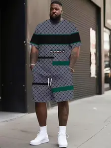 Men's Large Size 3D Digital Print Patchwork Casual Sport Short Sleeve T-Shirt Shorts Set, Loose Fit, Modern Style, All Seasons