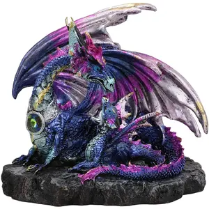 Ebros Violet Blue Midnight Sky Gemstone Mother Dragon with Baby Wyrmling Statue 7.25" Long Home Decor Resin Medieval Fantasy Dungeons and Dragons Figurine