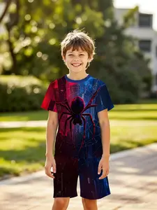 Boys' Fashion Outdoor Sports Summer Spider Web Print Short Sleeve Shorts Set, Casual Fitted Two-Piece, All over Print, Sports wear set
