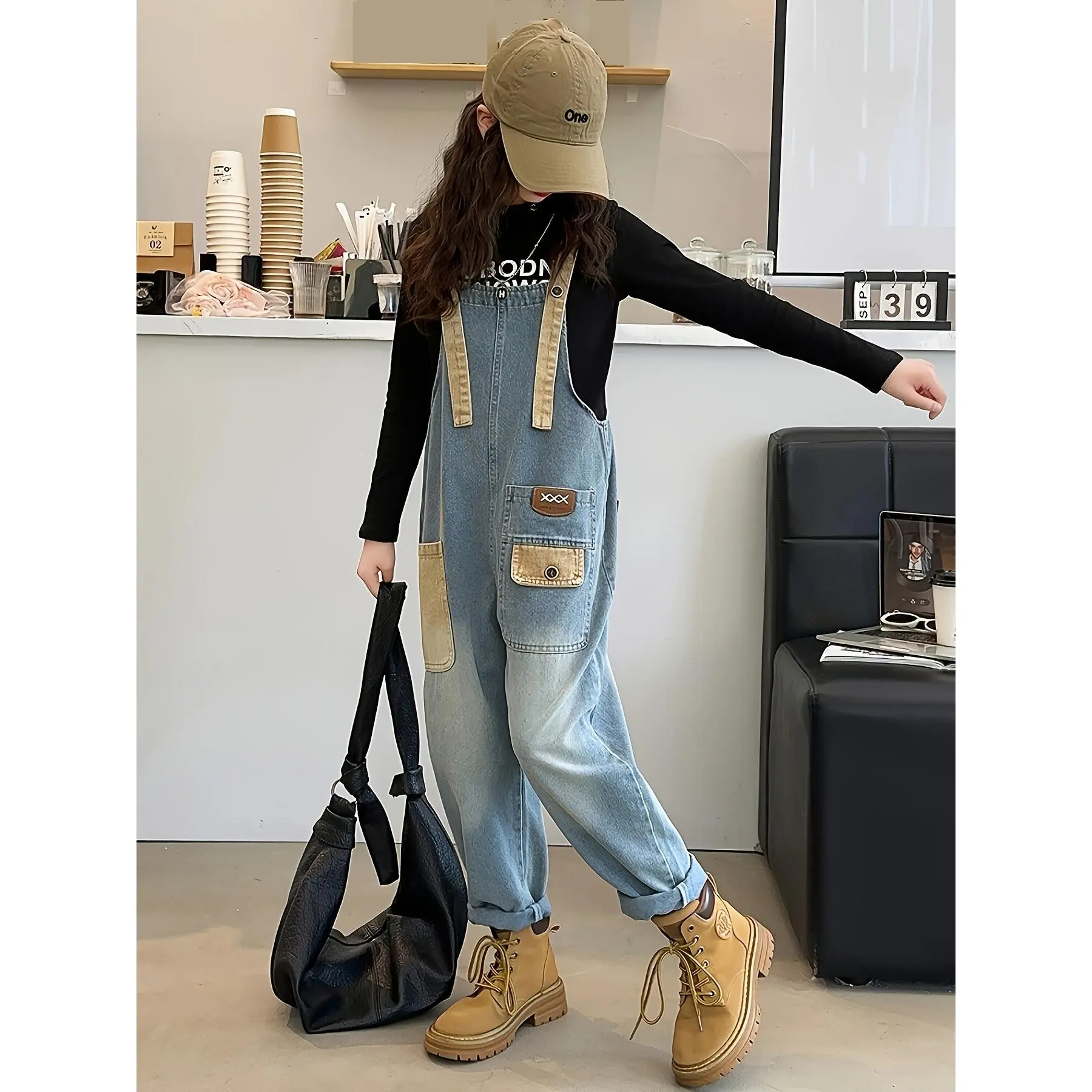 Girls' 100% Polyester Faux Denim Overalls - 2024 Spring-Autumn 4-Season Style, Cartoon Print, Straight Legs, Faux Pockets, Trendy Outfits for 11-12y & Below Middle School-Age Kids, Four Seasons, Graphic