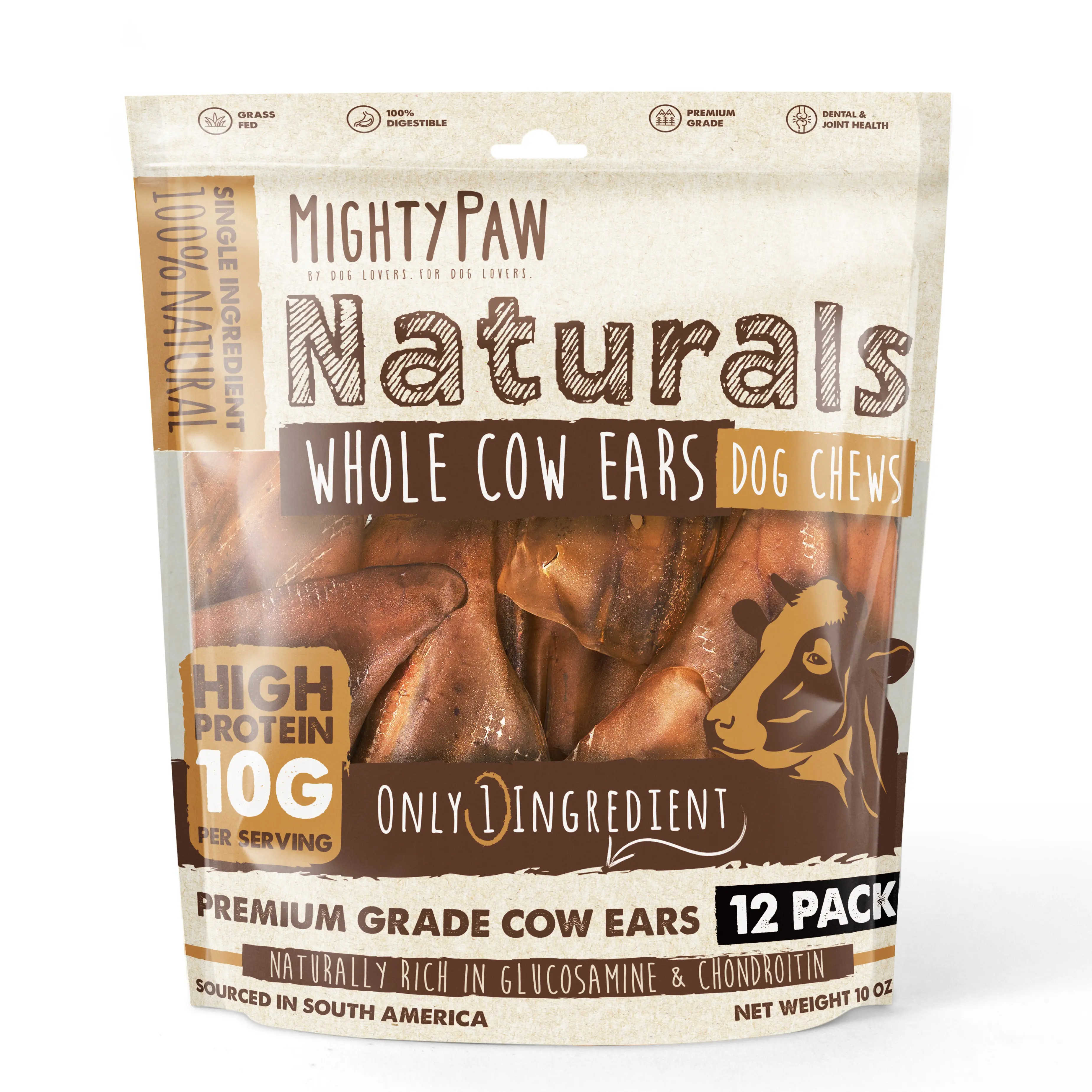 Mighty Paw Grass-Fed Cow Ear Chews for Dogs - All-Natural & Delicious High Protein Treats
