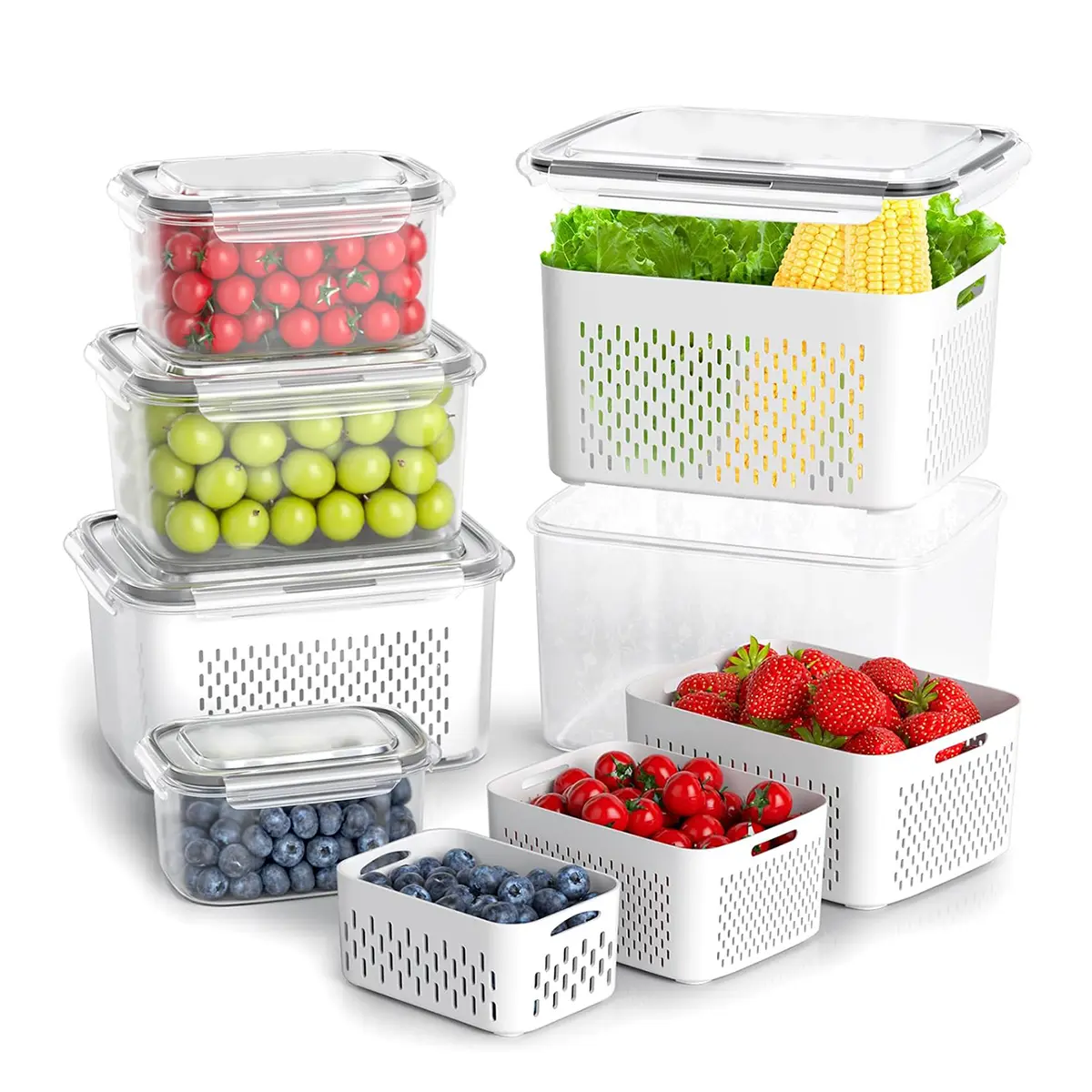 Set of 3 Storage Boxes, Sturdy Plastic Food Storage Containers for Fridge Food Storage Containers Fruit Vegetables with Lid and Colander Double Fridge Organiser Storage Containers Set,fruit storage container,fresh produce,microwave safe produce container,
