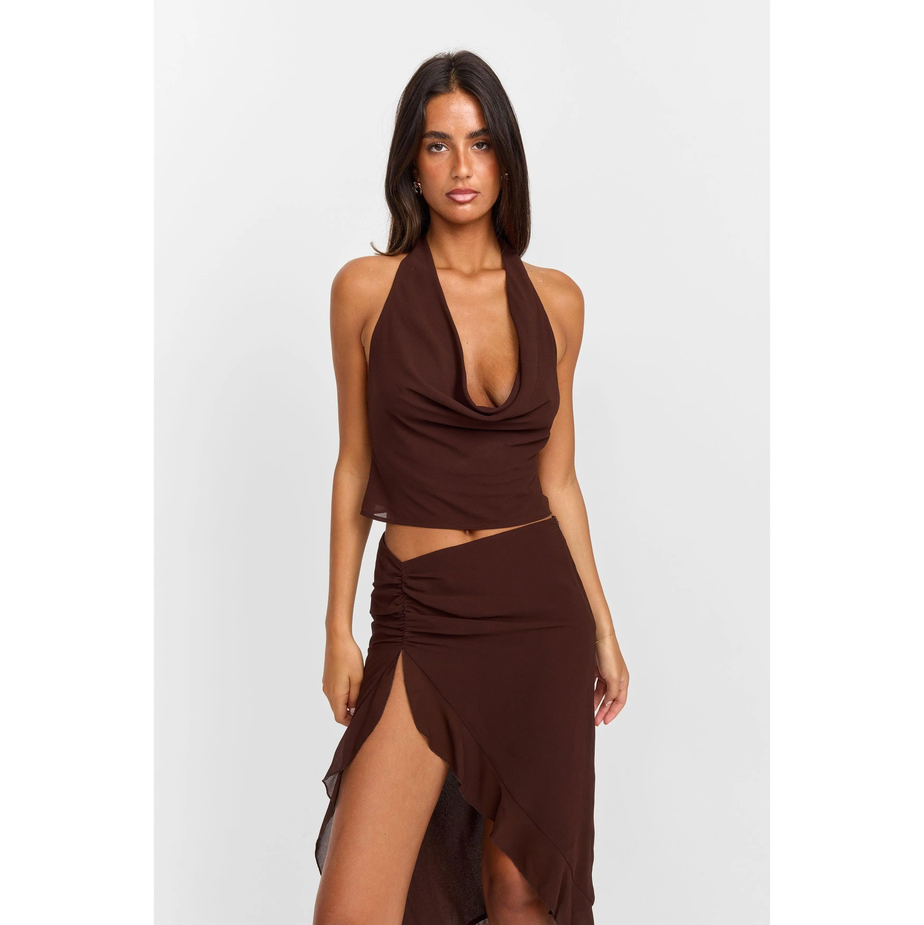 Women's Soft Fabric Odette Brown Cowl Neck Backless Sleeveless Halter Waist-Length Blouse - Draped Open Back Shirts for Everyday Wear, Graceful Move Chic Elegant Party Top