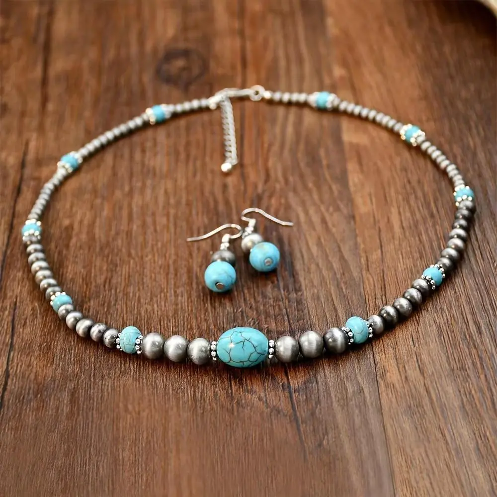 Ethnic Green Turquoise Necklace+Earring Set, Vintage Women Niche Design Antique Beaded Jewelry Handmade Bohemian Beads Necklace Chic Turquoise Dangle Earrings Jewelry Set