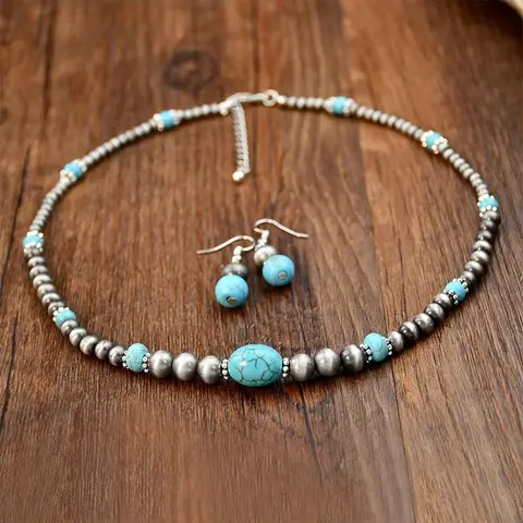 Ethnic Green Turquoise Necklace+Earring Set, Vintage Women Niche Design Antique Beaded Jewelry Handmade Bohemian Beads Necklace Chic Turquoise Dangle Earrings Jewelry Set