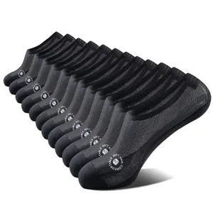 6 Pairs Men's All Black Ultra-Thin Mesh Invisible Socks Breathable Short Socks with Non-Slip Heel Cotton Blend