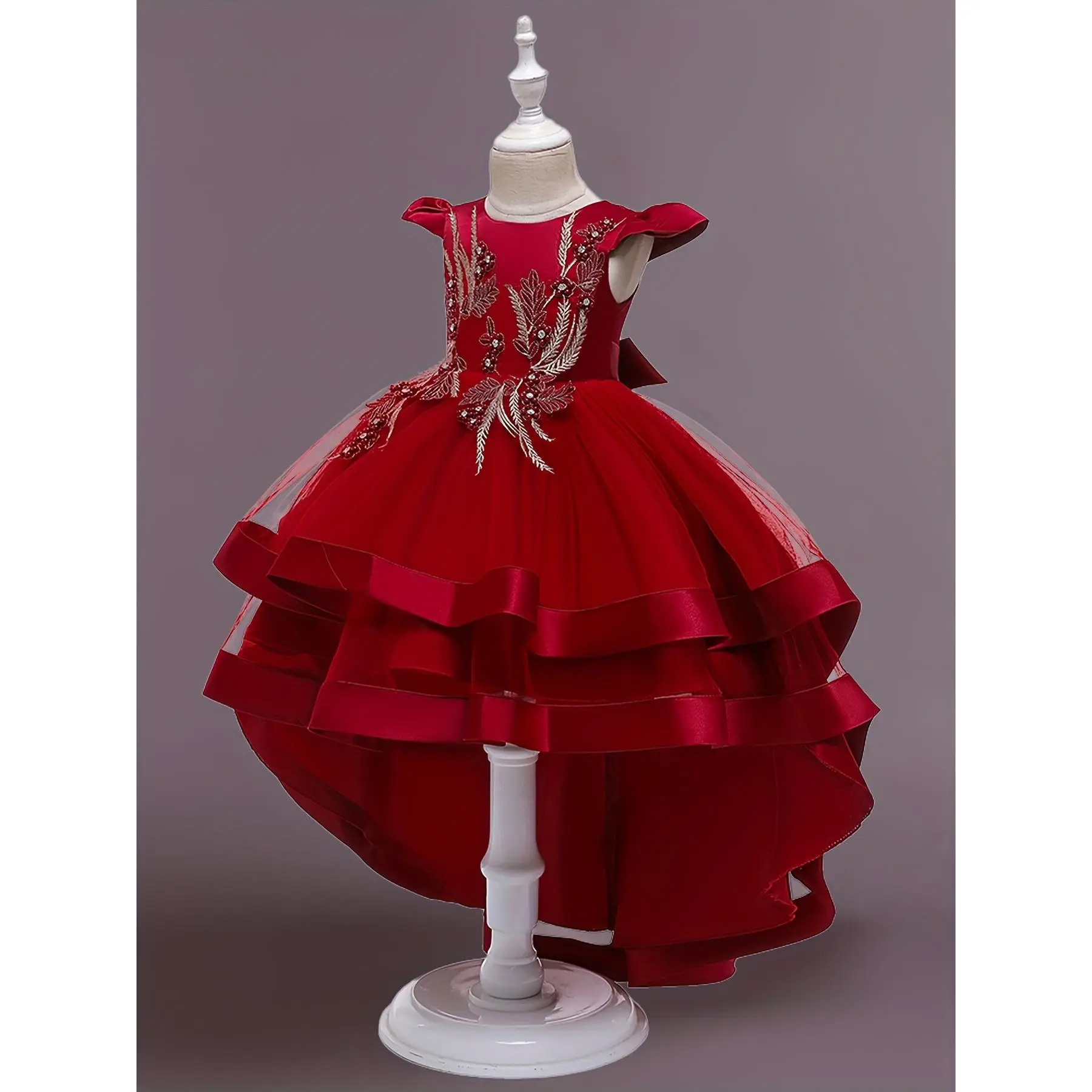 Girls' Formal Elegant Red Christmas Dress with Flutter Sleeves, Detailing, High-Low Tail - Ideal for Piano Recitals, Wedding Flower Girl Roles, 7-8Y