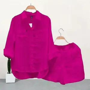 Trendy 2026 Women's 2-Piece Set - Long Sleeve Shirt & Matching Shorts, Summer Solid Color Casual Outfit