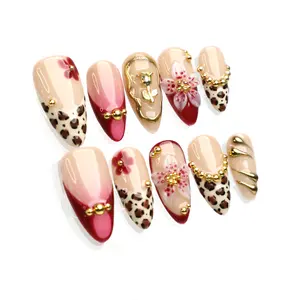 PG08 Red Bloom 10PCS 100% Handmade Press-On Nails| Luxury Gold Edged 3D Flowers | Reusable Colorful Art