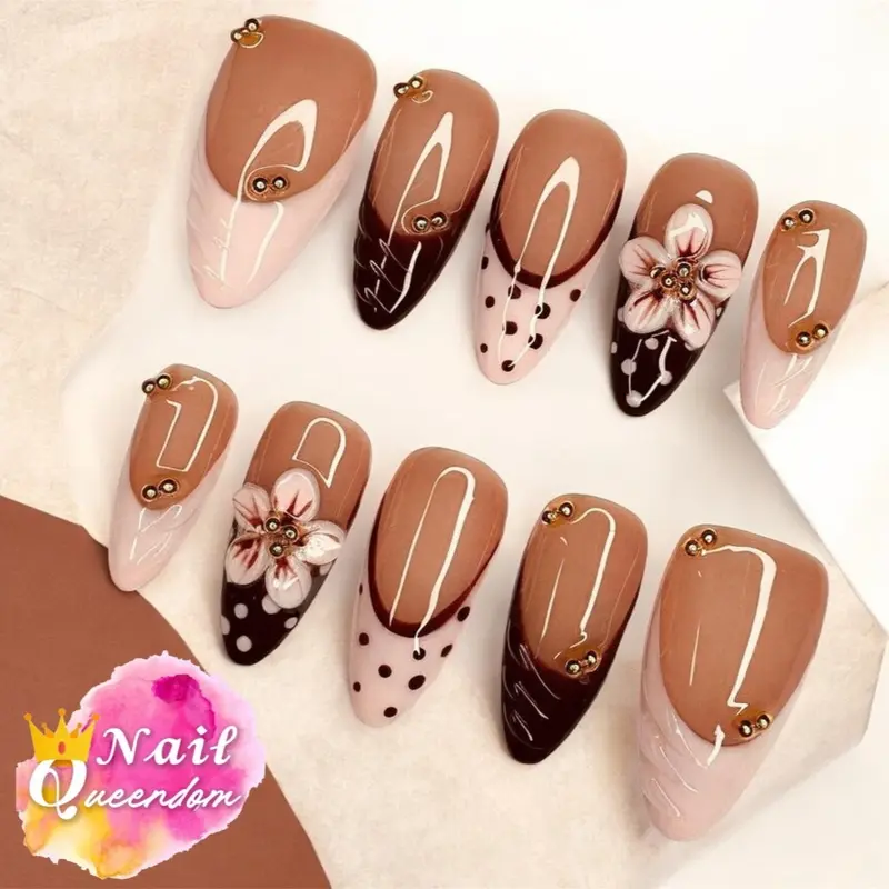 Nail Queendom [POLKA DOT BLOSSOM] Handcrafted 3D Press-On Nails Reusables Long Lasting Salon Quality Easy Application 10 Pieces Set Eco-Friendly 3D-gel Finish