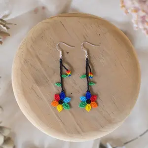 Rainbow - Native Beaded Earrings with Colorful Flower Design - Handmade by Huichol Artisans - Mother Sierra