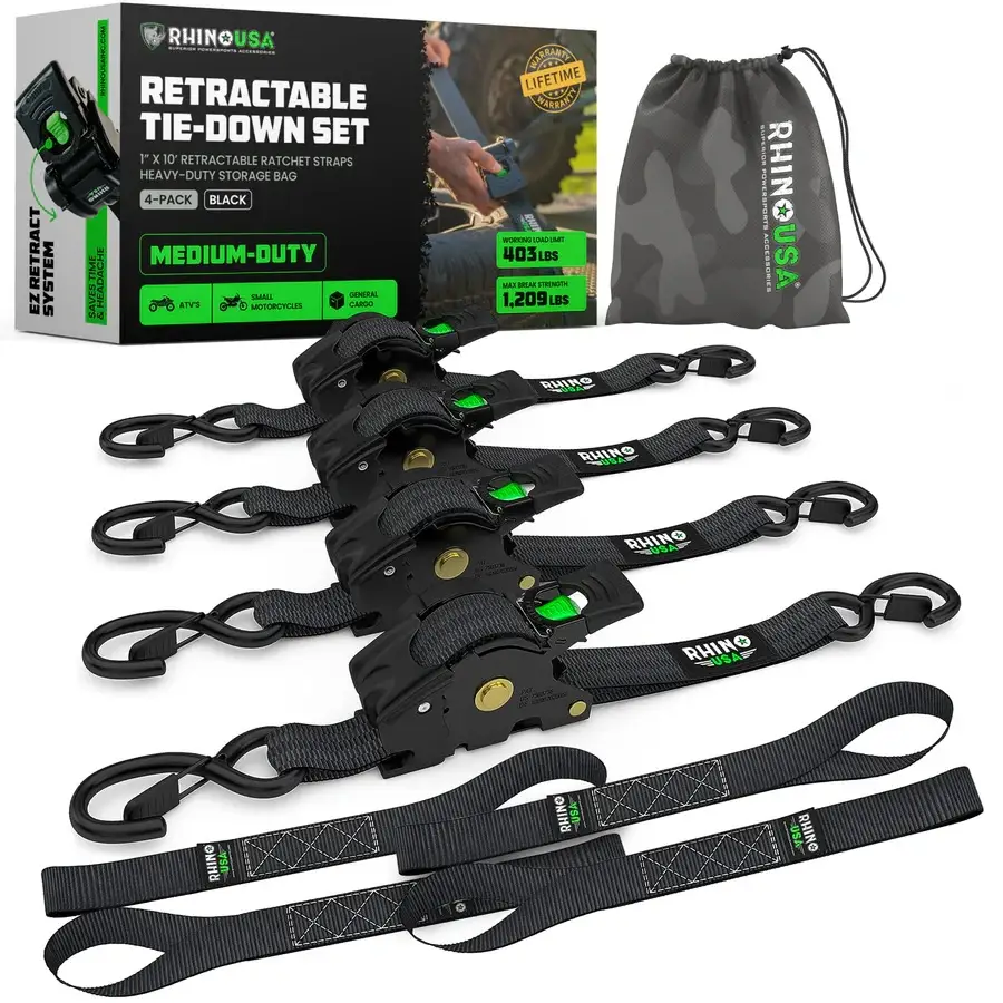 Rhino USA 1" x 10' Retractable Ratchet Straps (select 2 pack or 4 pack) - Heavy Duty Self Retracting Tie Down Straps for Truck, Cargo Trailer
