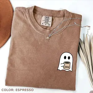 Comfort Colors Cute Ghost Coffee T-Shirt, Halloween TShirt, Fall Coffee Lover Shirt, Ghost Spooky Tee Cute Women Top Cotton Fabric Womenswear