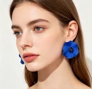 S925 Sterling Silver Post Klein Blue 3D Flower Stud Earrings for Women, Elegant Matte Zircon Statement Earrings, Versatile Daily Wear & Party Luxury Jewelry Gift