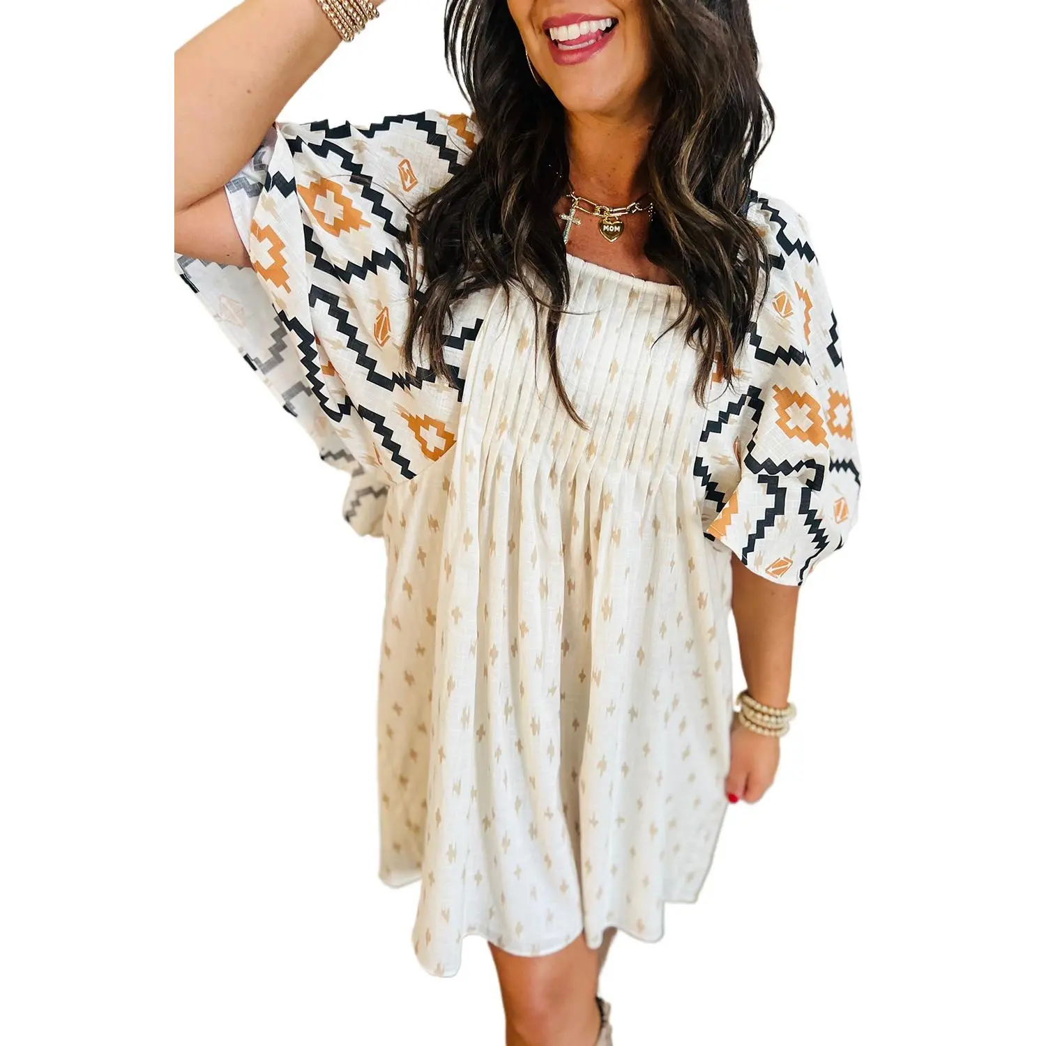 Women's Beige Western Aztec Print Pleated Mini Dress with Square Neck