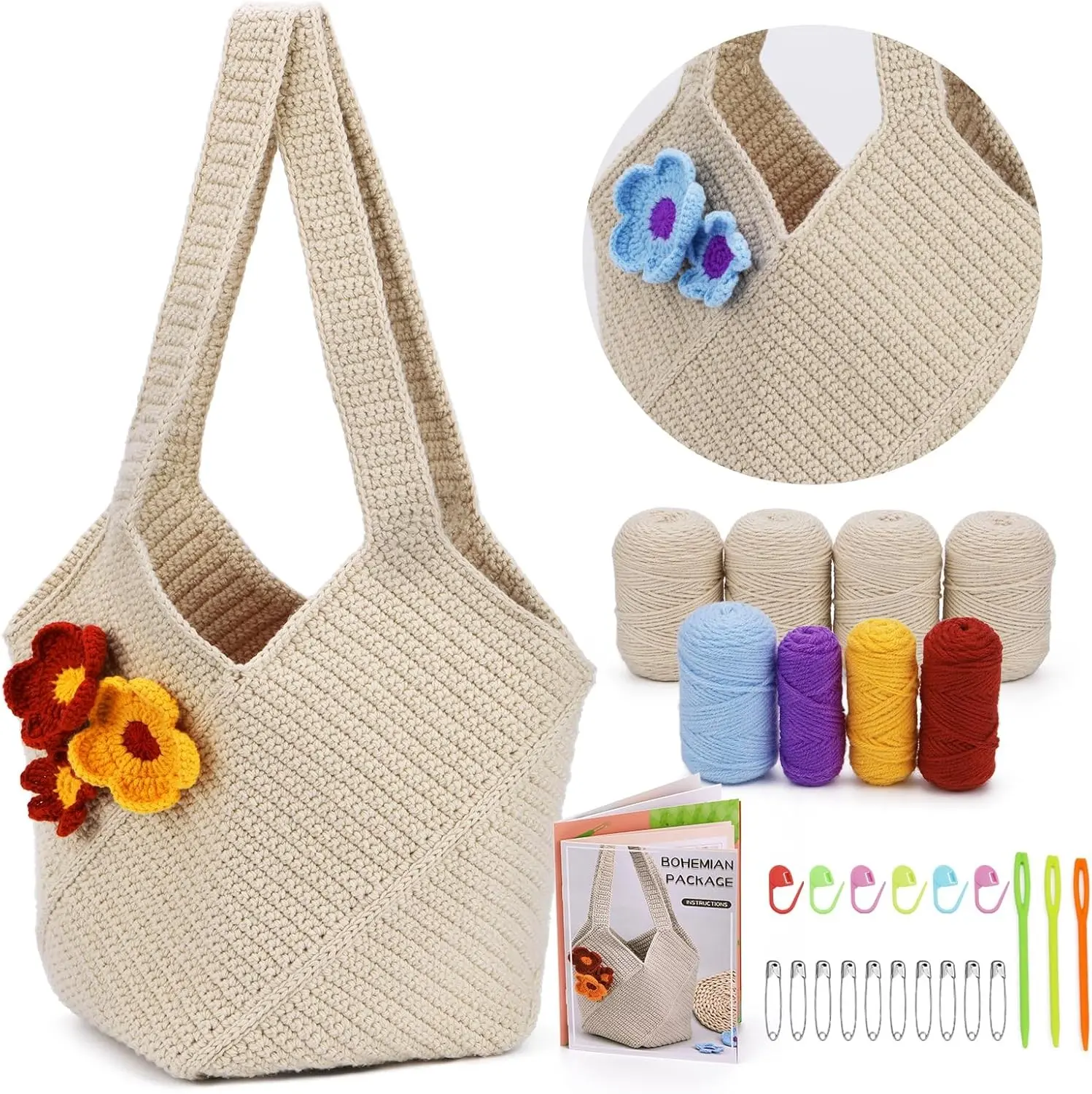 Pnytty Beginner Crochet Kit for Adults, Shoulder Bag Crochet Starter Kit | Complete Crochet Bag Kit with Yarn, Hook and Easy Step-by-Step Video Tutorials for Making Shopping Bag (Beige) Gift
