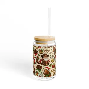 16oz Western Christmas Sipper Glass – Cowboy Santa Holiday Drink Jar