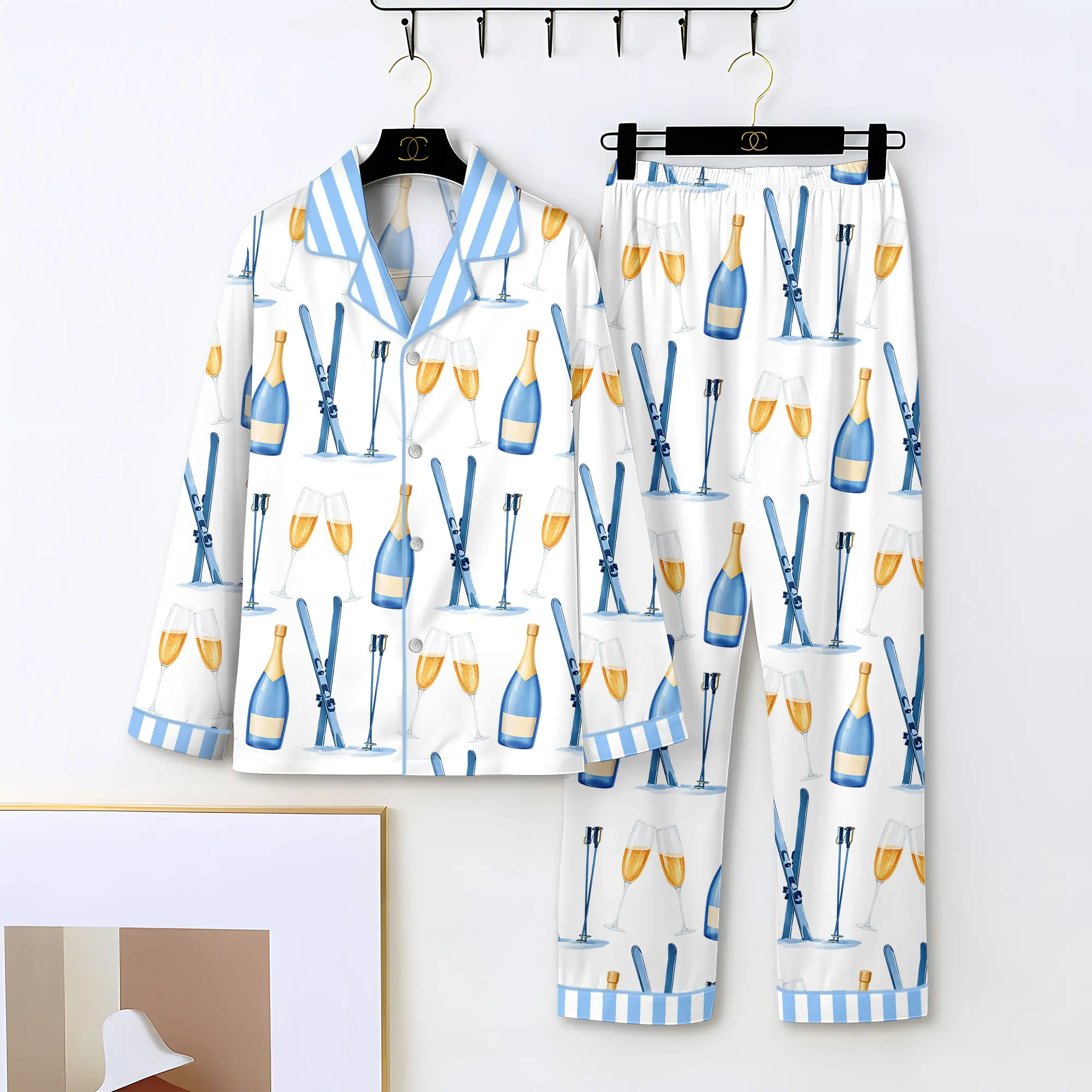 Apres Ski Champagne Pattern Satin Pajama Set For Women Long Lounge Set Sleepwear, Pajamas Set For Women , Champagne And Bows Wedding Pajamas