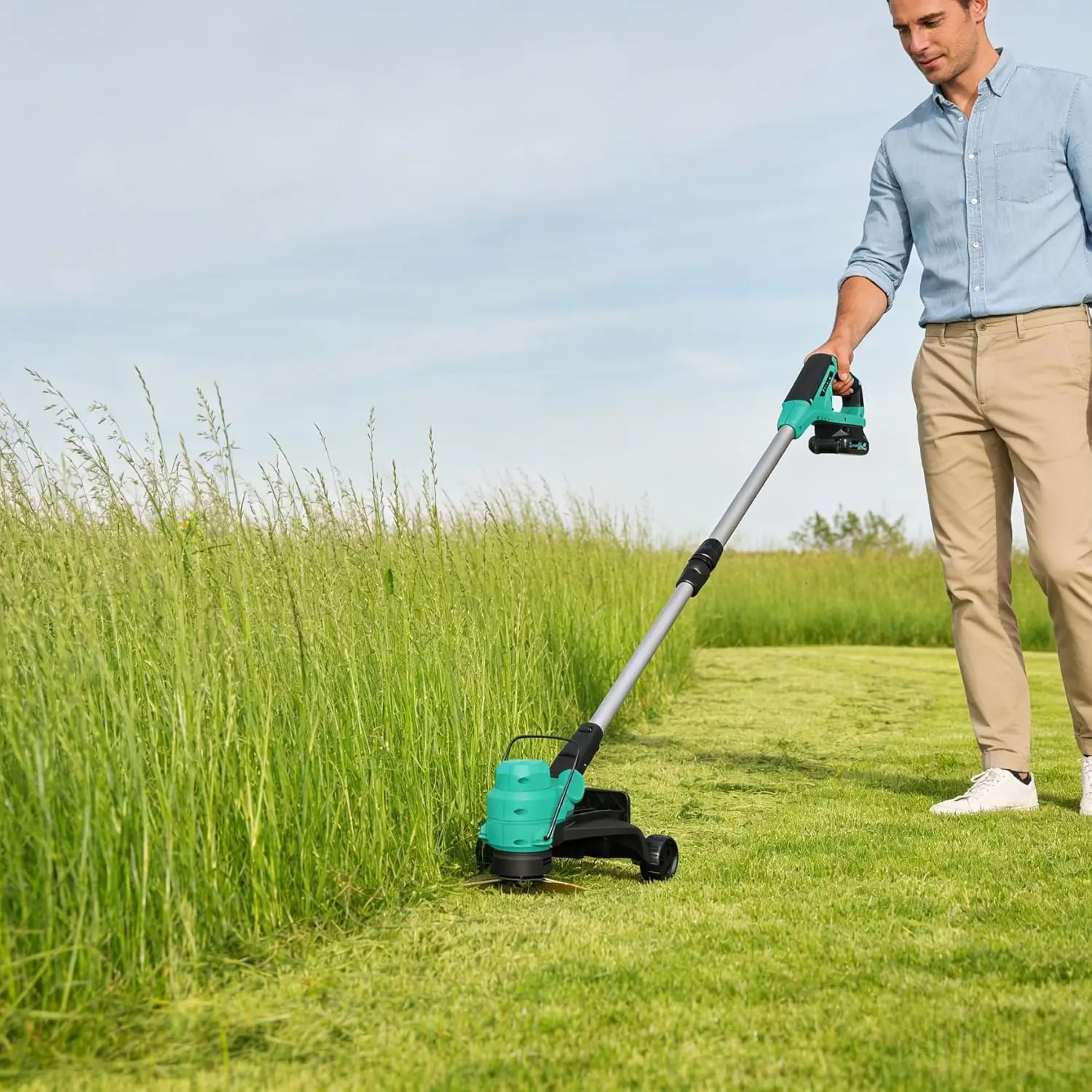 20V Wireless String Trimmer & Edger – 12-Inch, Wheels, Line Feed, 2 x 2.0Ah Batteries, Fast Charger, 8 Spool Lines – Versatile Weed Wacker for Lawn & Garden, Black - Lake Blue 3262c