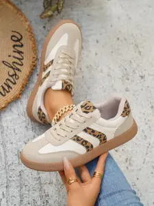 Women's Leopard Patchwork German Training Shoes, Vintage Colorblock Casual Sneakers, Soft Sole Breathable Al-Gam Sport Shoes